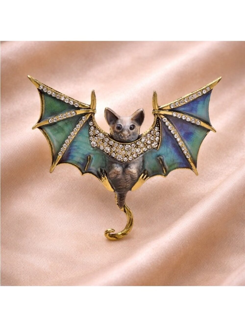 Gothic Bat Green Brooch Gold Accents